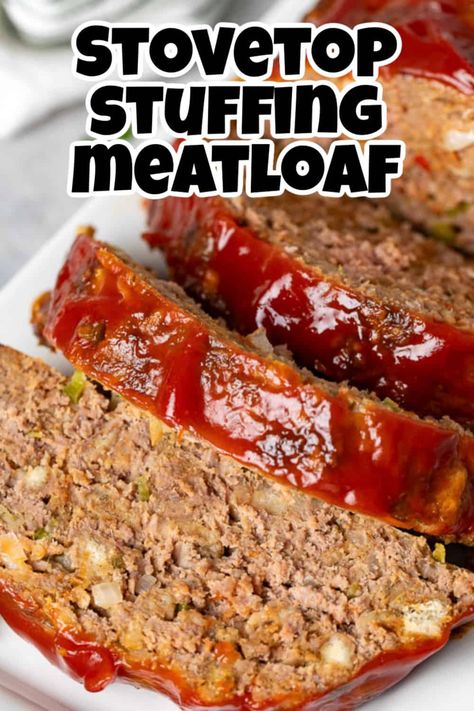 This Stove Top Stuffing Meatloaf is a classic, easy dinner recipe that the entire family will love! It's made with juicy ground beef and a box of stove top stuffing, white onion, green bell pepper, meatloaf seasoning, Worcestershire sauce, and more. It's tender, savory, and delicious! Beef Casserole Recipes | Beef Recipes | Ground Beef Recipes | Beef Recipes for Dinner | Beef Dinner | Easy Meals | Cooking Recipes | Stove Top Stuffing Recipes | Weeknight Meals | Stovetop Stuffing Meatloaf, Meatloaf With Stove Top, Meatloaf With Stove Top Stuffing, Stove Top Stuffing Meatloaf Recipes, Casserole Recipes Beef, Shortcut Recipes, Stove Top Meatloaf, Recipes For Dinner Beef, Recipes Stove Top