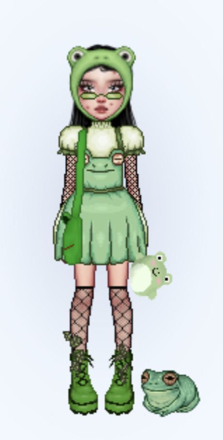 Frog Costume Aesthetic, Frog Outfit Drawing, Frog Girl Aesthetic, Sanrio Rave Outfit, Frog Aesthetic Outfit, Frog Outfit Aesthetic, Cute Frog Costume, Frog Inspired Outfit, Everskies Halloween