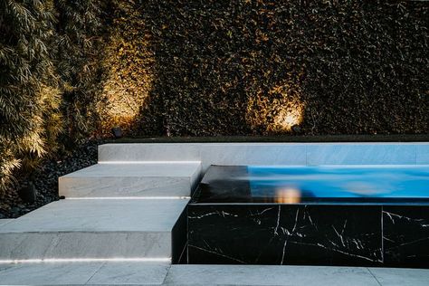 Modern Spa Design, Moody Pool, Black And White Pool, Florida Pools, Modern Pool Design, Marble Pool, Black Marble Tile, Florida Pool, Modern Spa