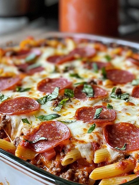 via @thenandnowspace Meat Lovers Pizza Casserole, Italian Dinners, Baked Cod Recipes, Pizza Soup, Meat Lovers Pizza, Cheesy Casserole, Pizza Casserole, Hot Italian Sausage, Cod Recipes