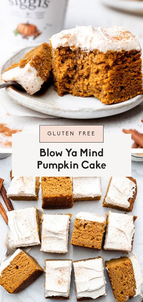 The best healthy pumpkin cake with luscious cinnamon cream cheese frosting that’s seriously blow ya mind delicious. This one bowl, gluten free pumpkin cake is naturally sweetened, moist and flavorful thanks to siggi’s pumpkin & spice yogurt, and filled with cozy pumpkin spices. The perfect fall dessert that’s great for holidays! This recipe is in partnership with siggis. #sponsored #pumpkin #cake #healthydessert #glutenfreedessert #glutenfreecake #healthycake Dairy Free Pumpkin Cake, Healthy Pumpkin Cake, Gluten Free Pumpkin Cake, Pumpkin Spices, Dairy Free Pumpkin, Cinnamon Cream Cheese, Dairy Free Cream Cheese, Savory Pumpkin Recipes, Pumpkin Cake Recipes