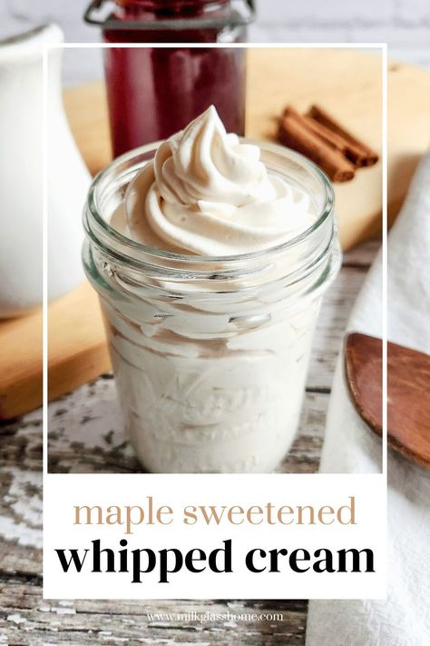 Whip up the most heavenly homemade whipped cream in a flash, and here's the kicker – it's sugar-free! This maple-flavored whipped cream brings the perfect sweetness and flavor to adorn your pies, cakes, hot cocoa, and more, using only three simple ingredients. Whipped Cream Flavors, Maple Cinnamon Whipped Cream, Maple Whipped Cream Recipe, Simple Whipped Cream, Maple Whipped Cream, Holiday Flavors, Flavored Whipped Cream, Whipped Cream Recipe, Fall Cake Recipes