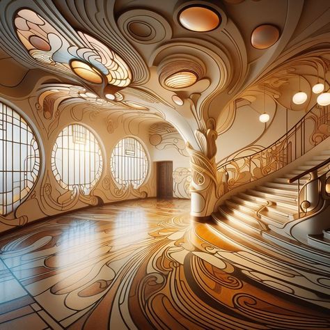 Art Nouveau Interior Design Organic Forms and Curvilinear Lines Art Nouveau Office Design, Art Noveau Interiores, Art Nouveau Style Interior Design, Organic Style Interior Design, Organic Form Architecture, Organic Style Interior, Gaudi Interior, Art Nouveau Tree, Art Nouveau Interior Design