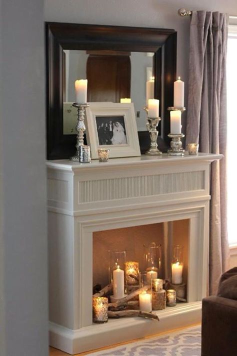 Hottest Cost-Free Fireplace Mantels with hearth Style Small Fake Fireplace Ideas, Decorations For Inside Fireplace, Fireplace Decor No Fire, Not Working Fireplace Ideas, Decorative Fireplace Ideas Unused, Closed Fireplace Decor, Fake Fireplace Decor Ideas, Fireplace With Candles Ideas, Faux Bedroom Fireplace