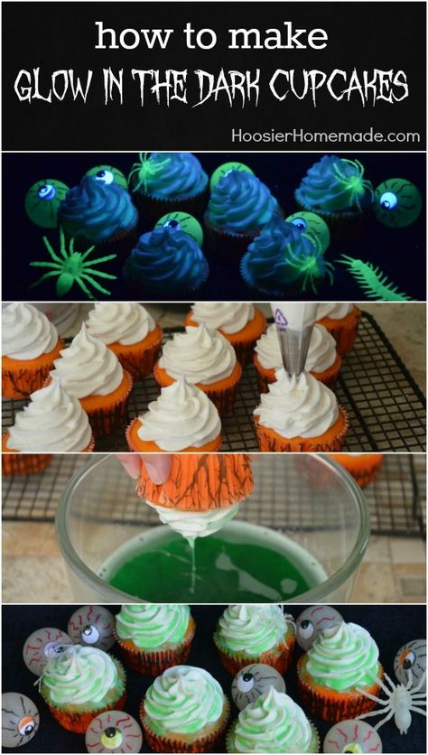 Glow Cupcakes Black Lights, Black Light Cupcakes, Foods That Glow Under Black Light, Glow In The Dark Cupcakes Neon, Glow Cupcakes, Dark Cupcakes, Glow In The Dark Cupcakes, Fun Halloween Party Food, Cupcakes Halloween