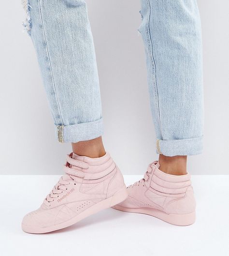 Reebok Classic Freestyle High Top Sneakers In Pink Spain Capsule Wardrobe, High Top Reeboks, High Sneakers Women, Outfit Zapatillas, Reebok High Tops, Reebok Freestyle Hi, High Tops Outfit, Reebok Shoes Women, Reebok Freestyle