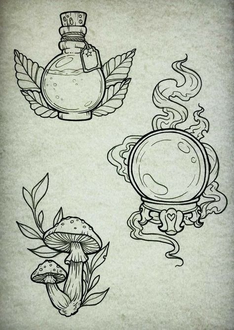 Witchcraft Tattoo, Flash Art Tattoos, Halloween Tattoo Flash, Witchcraft Tattoos, Kunst Tattoos, Bottle Tattoo, Arte Doodle, Mushroom Tattoos, Witch Tattoo