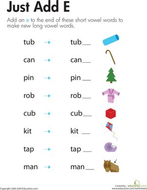 Silent "e" worksheets are important to phonics success. In this silent "e" worksheet, kids learn how to make silent "e" words out of long vowels sounds. Vowel Consonant E Worksheets, Vowels Worksheet, E Worksheet, Vowel Consonant, Phonics Spelling, Silent E, First Grade Phonics, Spelling Worksheets, Long Vowel