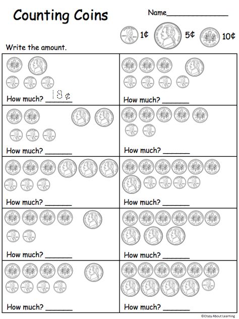 Coins Pennies, Nickels & Dimes Counting Change Worksheets, Learning To Count Money, Coins Worksheet, Counting Money Activities, Kindergarten Money Worksheets, Counting Coins Worksheet, Money Kindergarten, Trace The Numbers, Counting Money Worksheets