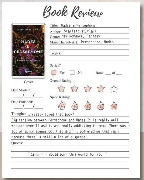 Hades & Persephone Template For Book Review, Book Review Page Ideas, Book Report Aesthetic, Journal For Books Read, Book Rate Template, Book Journal Book Review, Book Review Notebook, Review Book Template, Book Review Questions