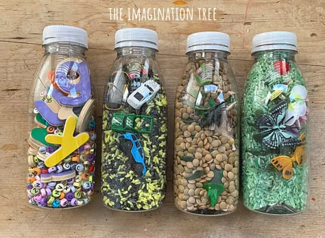 DIY I-Spy Bottles - The Imagination Tree Animal Sensory Bottles, I Spy Jar, I Spy Bottles, Discovery Bottles, Small Alphabets, Kids Toy Boxes, Sensory Bottle, Imagination Tree, Diy Preschool