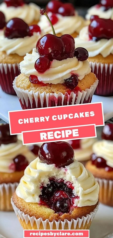 Indulge in the delightful flavors of Cherry Cupcakes, topped with a creamy cherry frosting. These fruity cupcakes are made with chopped maraschino cherries and cherry juice for an extra burst of flavor. Perfect for any occasion, these cupcakes are as beautiful as they are delicious! Ingredients: 1/2 cup maraschino cherries, chopped 1/2 cup maraschino cherry juice 1 1/2 cups all-purpose flour 1/2 cup unsalted butter, softened Cherry Cupcakes Recipes, Fruity Cupcakes, Cherry Frosting, Pink Treats, Cherry Cupcakes, Fluffy Cake, Maraschino Cherries, Cherry Juice, Cherry Flavor