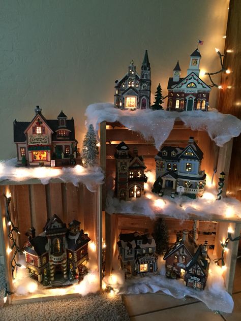 Christmas village continued. 🎄 Christmas Mini Houses Display, Mini Village Christmas, Christmas Mini Village, Mini Christmas Village Display Ideas Diy, Christmas Houses Display, Xmas Village Display Ideas Diy, Mini Christmas Village, Christmas Village Displays, Christmas Village Display Ideas