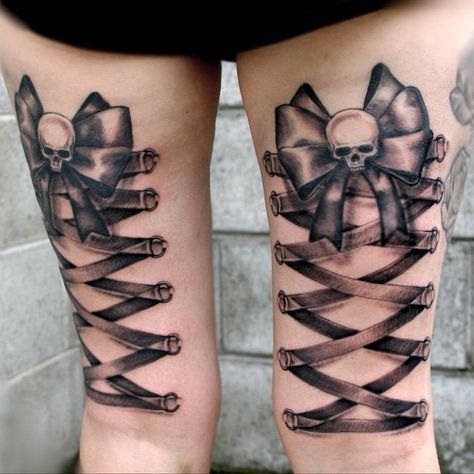 Artist: @hawthornescott #lace #corset #realism #realismtattoo #realistictattoo #corsetstrong #corsettattoo #corsetribbon #ribbontattoo #blackink #blackandgrey #legtattoo #thightattoo Bonding Tattoos, Bows Tattoo, Bow Tattoo Thigh, Bow Tie Tattoo, Lace Bow Tattoos, Corset Tattoo, Bow Tattoo Designs, Garter Tattoo, 12 Tattoos