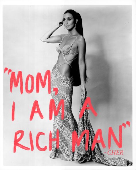 Cool and trendy Mom, I am a rich man quote from Cher on a black and white model picture of Cher. Quote is in red, hand drawn text. Purchase and download the PNg image from my etsy store! Cher Aesthetic, I Am A Rich Man, Money Poster, Flattering Outfits, Go Girl, You Go Girl, Plakat Design, Trendy Mom, Design Posters