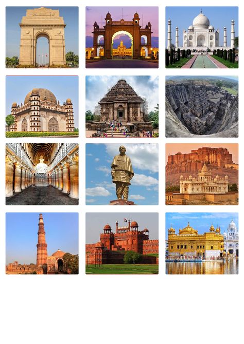 Historical Places In India Chart, Historical Places India, Monuments Of India Collage, Indian Monuments Photography, Monuments Of India Sketch, Statue Of Unity Drawing, Historical Monuments Drawing, Indian Monuments Drawings, Historical Monuments Of India