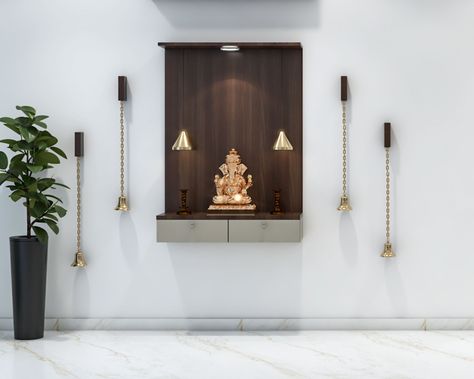 Wall-Mounted Modern Pooja Unit Design in Grey with Brass Bell and Drawer | Livspace Puja Room Design Indian Modern, Modern Pooja Unit, Puja Room Design, Puja Room Design Indian, Room Design Indian, Pooja Unit, Yellow Accent Walls, Wallpaper House Design, Diya Lamp