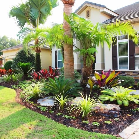 tropical_landscaping_front_yard_w 25 Palm Tree Landscape Ideas Front Yards, Palm Tree Landscape Ideas, Tropical Landscaping Front Yard, Backyard Layouts, Florida Plants Landscaping, Bromeliads Landscaping, Tropical Landscaping Ideas, Pool Makeover, Dreamy Backyard