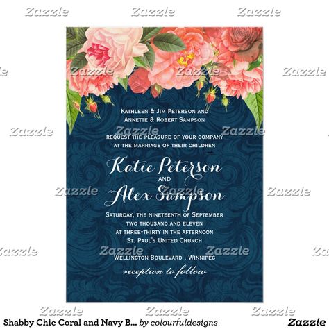 Coral And Navy Blue Wedding, Vintage Shabby Chic Wedding, Coral Wedding Invitations, Chic Wedding Style, Navy Invitation, Blue Shabby Chic, Blue Wedding Invitation, Chic Wedding Invitations, Navy Blue Wedding Invitations