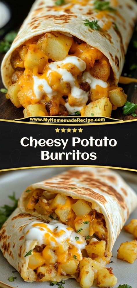 Warm, hearty, and loaded with cheesy potatoes, these Cheesy Potato Burritos are a comfort food dream. Perfect for a quick meal or on-the-go snack, they’re a simple, satisfying recipe for everyone. Ingredients: 2 large potatoes, diced 1 cup shredded cheddar cheese 4 flour tortillas 1/2 cup sour cream A cheesy, hearty burrito that’s bursting with flavor Potato Burritos, Cheesy Potato, Burritos Recipe, Cheap Meal Ideas, Simple Family Meals, Cheap Meal, Diced Potatoes, Shredded Cheddar Cheese, Melty Cheese