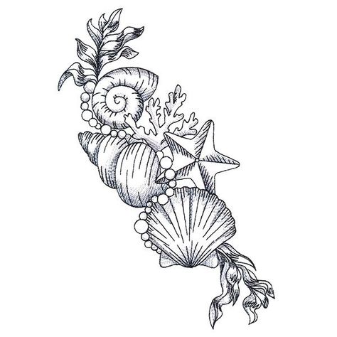 Seashell Shoulder Tattoo, Seashell Tattoo Sleeve, Unique Beach Tattoos, Treasure Tattoo Ideas, Unique Pretty Tattoos Beautiful, Beach Themed Tattoos For Women, Shell Tattoo Design, Sea Sleeve Tattoo, Sea Tattoo Design