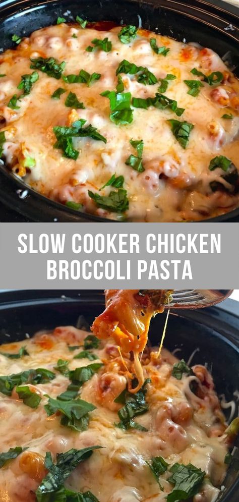 It's always the perfect time to bring out the slow cooker and this Slow Cooker Chicken Broccoli Pasta is the perfect entree to cook in it. Find out how to make this easy and delicious eight-ingredient creamy chicken pasta recipe that is clearly the essence of comfort food. Look at all this cheesy deliciousness! #chicken #crockpot #dinner Slow Cooker Chicken And Broccoli, Slow Cooker Chicken Broccoli, Chicken Broccoli Crockpot, Creamy Chicken Pasta Recipes, Slow Cooker Pasta Recipes, Chicken Broccoli Pasta, Chicken Cooker, Chicken Pasta Dishes, Crockpot Pasta