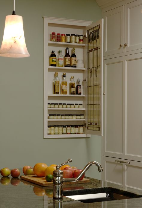 Making use of space between studs for a spice and condiment cabinet. How To Hang Cabinets, Kitchen Without Pantry, Between Studs, Small Kitchen Organization, Diy Accent Wall, Hanging Cabinet, Spice Cabinet, Kitchen Hacks Organization, Smitten Kitchen