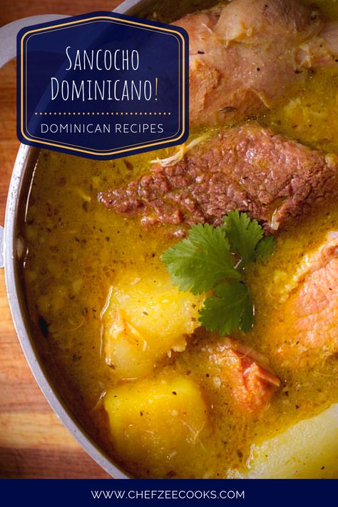 Dominican Sancocho is a classic hearty Dominican Soup that can feed an entire family. Sancocho Dominicano is perhaps the most celebrated dish of the Dominican Republic! It's a soup filled with chicken, plantains, and other amazing ingredients. Give this a try the next time you're craving Dominican food! #ChefZeeCooks #SancochoRecipe #DominicanRecipes #SoupRecipes Dominican Soup, Dominica Food, Dominican Sancocho Recipe, Dominican Meals, Dominican Sancocho, Dominican Dishes, Dominican Republic Food, Sancocho Recipe, Dominican Cooking