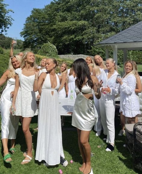 Alix Earle Frat Wedding, Wedding Birthday Party, White Party Aesthetic Outfit, Bachelorette White Party, Bachelorette All White Outfits, White Themed Birthday Party Outfit, White Party Bachelorette, Hamptons White Party Theme, European Hens Party