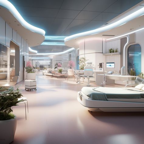 High Tech Hospital, Futuristic Hospital, Hospital Concept, Futuristic Things, Eco City, Sci Fi Environment, Fantasy Land, Hospital Room, Sustainable City