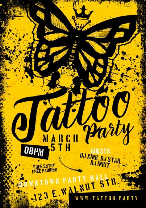 TATTOO PARTY POSTER Tattoo Party Flyer, Tattoo Party, Tattoo Zone, Tattoo 2023, Content Words, Flyer Design Layout, Poster Templates, Dream Tattoos, Party Poster