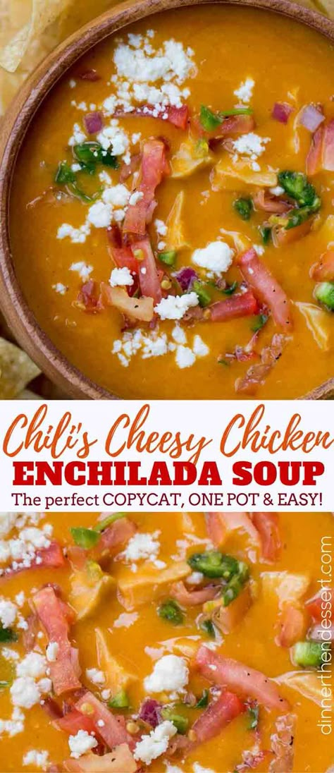 Chili's Chicken Enchilada Soup copycat is creamy, rich, slightly spicy and thick blended together and topped with chunks of chicken breast meat. Cheesy Chicken Enchilada Soup, Chili's Chicken Enchilada Soup, Chicken Enchilada Soup Recipes, Enchilada Soup Recipe, Cheesy Enchiladas, Bowl Of Chili, Cheesy Chicken Enchiladas, Creamy Chicken Enchiladas, Chicken Enchilada Soup