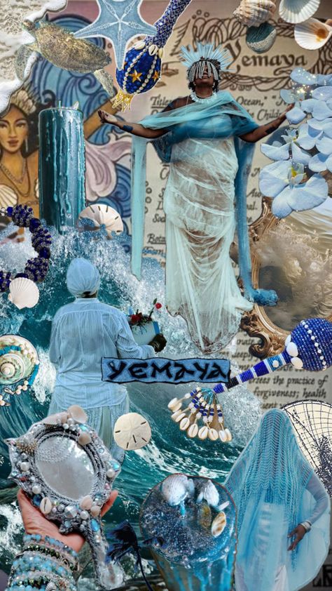 Yemaya: Orisha, Goddess, and Queen of the Sea Collage Yemaya Goddess, Yemaya Orisha, Queen Of The Sea, Witch Tools, White And Blue Flowers, Scorpio Moon, Cowrie Shells, Spiritual Tools, Spiritual Connection