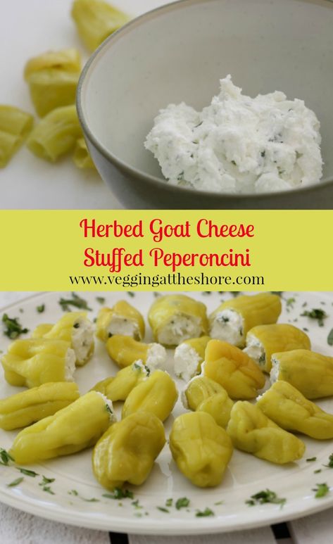 Stuffed Peperoncini, Peperoncini Recipes, Stuffed Pepperoncini, Capsule Pantry, Appetizers Italian, Herbed Goat Cheese, Pepperocini Recipes, Summer Foods, Meatless Mondays