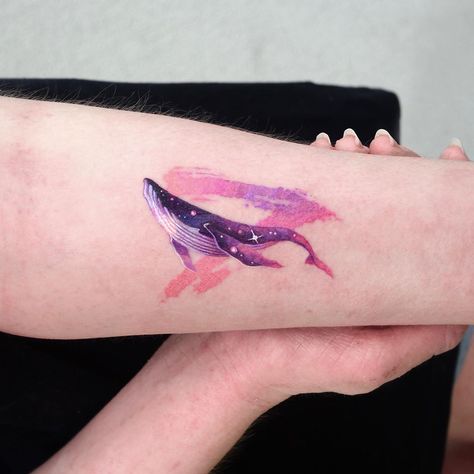 STUDIOBYSOL_SIGAK on Instagram: “Purple whale with 7💜 . #시각타투 #sigaktattoo” Cute Whale Tattoo, Cool Whale Tattoos, Purple Whale Tattoo, Bts Whale Tattoo, Whale Tattoo Color, Whale In Space Tattoo, Bts Whale, Purple Whale, Bts Tattoo