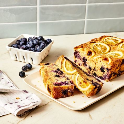 High-Protein Lemon-Blueberry Cake High Protein Lemon Blueberry Cake, Protein Loaf Cake, Protein Lemon Loaf, Queso Cottage, Dessert Smoothie, Lemon Bread, Lunch Appetizers, Blueberry Lemon Cake, Blueberry Bread