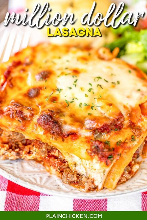 This Million Dollar Lasagna is seriously THE BEST lasagna we've ever eaten!!! SO easy to make and tastes like a million bucks. Lasagna noodles, cottage cheese, cream cheese, sour cream, Italian sausage, spaghetti sauce, tomato sauce, mozzarella, and parmesan. Serve with some garlic bread and a salad. Can make in advance and refrigerate. Freeze leftovers for later. We LOVE this lasagna casserole recipe! #lasagna #casserole #pasta #freezermeal Million Dollar Lasagna, Sausage Spaghetti Sauce, Cottage Cheese Cream Cheese, Italian Sausage Spaghetti, Lasagna With Cottage Cheese, Freeze Leftovers, Chicken Lasagna Recipe, The Best Lasagna, Lasagna Recipe With Ricotta