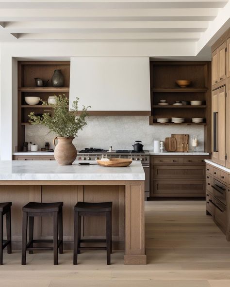 KITCHEN INSPIRATION: darker wood cabinetry & super veiny marble countertops with matching backsplash & white oak floors. Love this color… | Instagram Kitchen Island Knee Wall Ideas, White Home Inspiration, Alder Wood Kitchen Island, Transitional Wood Kitchen, Natural Kitchen Island, Masculine Farmhouse Kitchen, Light And Dark Wood Kitchen, Espresso And White Kitchen Cabinets, Wooden Kitchen Islands