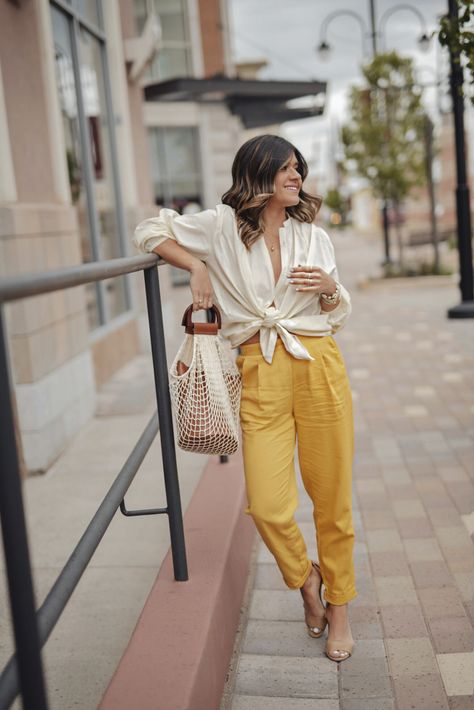 styling summer essentials | yellow pants outfit summer | white front tie top outfit | how to wear yellow pants | summer handbags affordable | chic summer outfits | denver street style summer |  walmart outfit ideas | summer wardrobes | summer shopping list | best pieces for summer 2019 | summer fashion | Denver fashion blog | Chic Talk Yellow Linen Pants, Yellow Pants Outfit, Mustard Pants, Walmart Outfits, Denver Fashion, Linen Pants Outfit, Summer Pants Outfits, Spring Work Outfits, Chic Summer Outfits