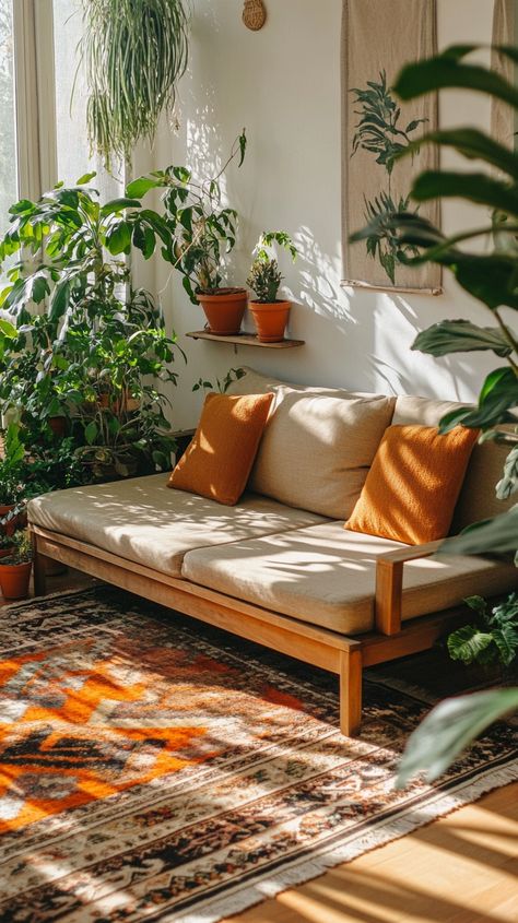 Cozy living room with a wooden sofa, plants, boho rug, and warm colors, featuring natural light from a large window. Clean Living Room Aesthetic, Boho Living Room Inspiration, Clean Living Rooms, Rustic Comforter, Earthy Living Room, Boho Orange, Lush Plants, Minimalist Inspiration, Earthy Home