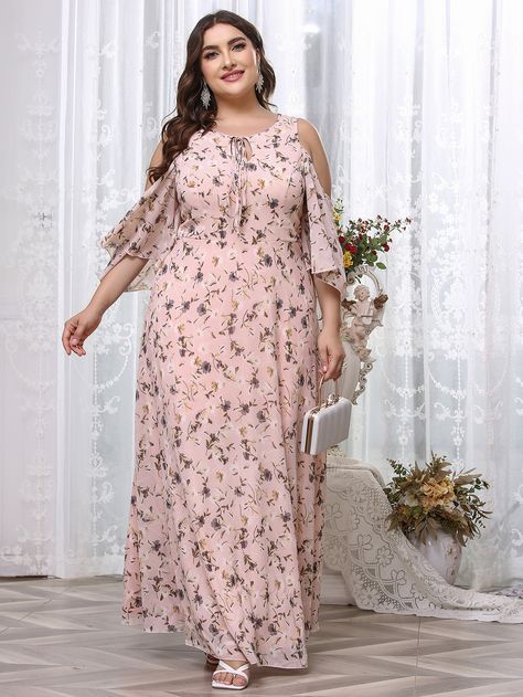 Pink Elegant  Three Quarter Length Sleeve Chiffon Floral,All Over Print A Line Embellished Non-Stretch Spring Plus Size Dresses Plain Chiffon Dress Designs, Gown For Plus Size Women, Floral Print Chiffon Maxi Dress, Best Indian Wedding Dresses, Dolly Fashion, Floral Frocks, Fashion Terms, Chiffon Floral, Plain Dress