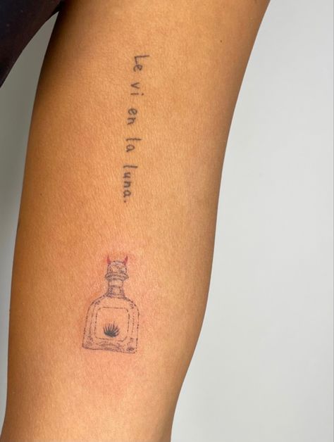 Patron Bottle Tattoo, Cantarito Tattoo, Meaningful Mexican Tattoo, Tiny Cocktail Tattoo, Matching Tequila Tattoos, Small Tequila Shot Tattoo, Small Mexico Tattoo, Tequila Bottle Tattoo, Tequila Tattoo Ideas