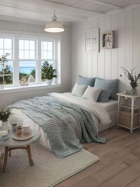 Comfy Coastal Bedroom, Beachy Bedspread, Coastal Bedroom Master, Blue Beach House Bedroom, Master Bedrooms Beachy, Modern Beach Room Aesthetic, Beach Themed Guest Bedroom, White Comforter With Blue Accents, Granddaughter Coastal Room