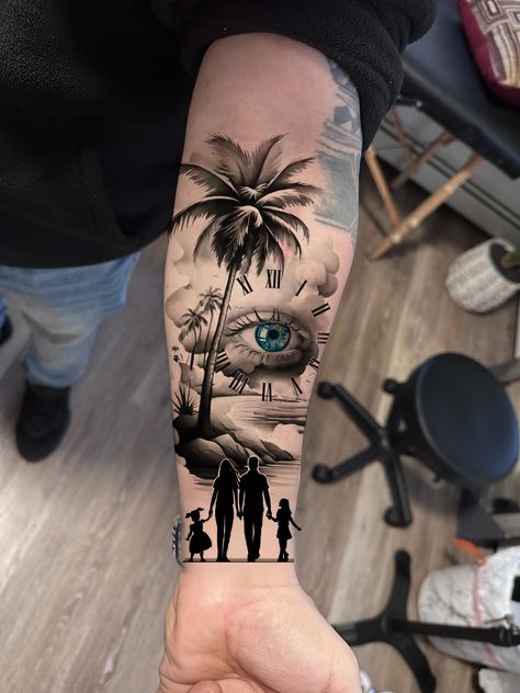 Arm Tattoo Men Family, Family Themed Tattoos For Men, Family Arm Sleeve Tattoo For Men, Family Tattoos For Men Arm Half Sleeves, Family Sleeve Tattoo Ideas For Women, Family Portrait Tattoos For Men, Men’s Family Arm Sleeve Tattoo, Family Tattoo Ideas For Men Arm, Family Sleeve Tattoo