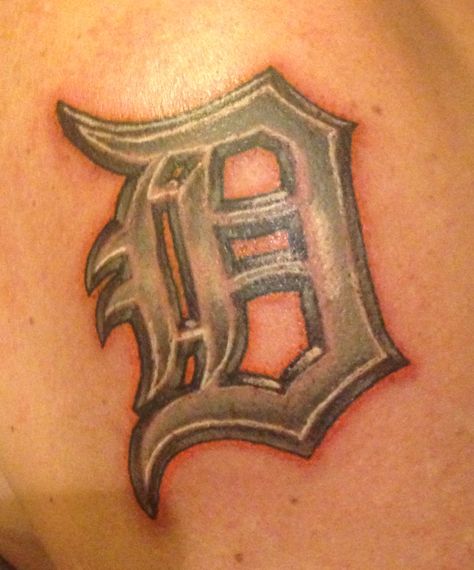 Detroit Tigers, Old English D Detroit Tigers Tattoo, D Tattoos, Tigers Tattoo, Detroit Tattoo, Still I Rise Tattoo, Michigan Tattoos, Old English D, Tiger Face Tattoo, Hexagon Tattoo