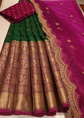 Silk Lahanga Design Latest, Banarsi Half Saree, Bride Reception Dresses, Frocks And Gowns, Lehenga Saree Design, Half Saree Lehenga, Floral Print Sarees, Indian Outfits Lehenga, Long Gown Design