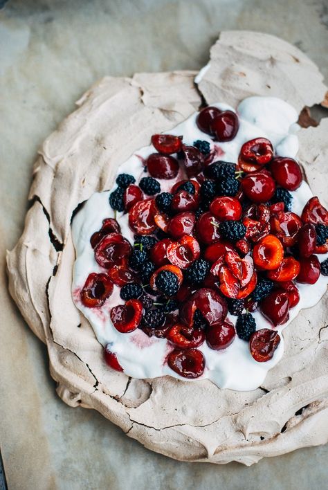 chocolate pavlova with cherries and mulberries // brooklyn supper Cherry Pavlova, Chocolate Pavlova, Food Giveaways, Summertime Recipes, Pavlova Recipe, Slow Cooker Desserts, Sweet Pie, Rocky Road, Cannoli