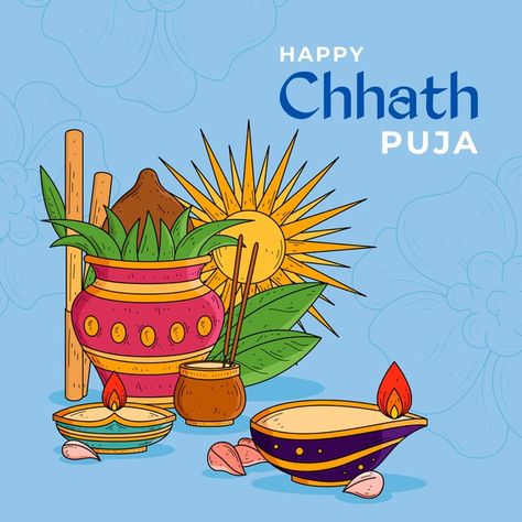 Hand drawn chhath puja | Free Vector #Freepik #freevector Happy Chatt Puja Images, Chhat Puja Rangoli, Chath Puja Pic, Chhath Puja Rangoli Design, Chhath Puja Decoration At Home, Chath Puja Drawings, Chath Puja Poster, Chatt Puja Drawing, Chath Puja Rangoli