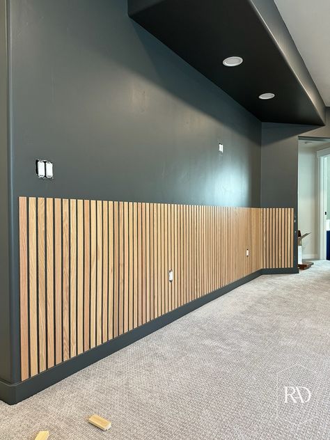 White Oak Slat Feature Wall - Remington Avenue Waynes Coating Wall, Half Slat Wall, Slat Feature Wall, Accent Wall Design, Cozy Family Rooms, Cozy Basement, Wood Slat Wall, Diy Accent Wall, Curved Walls