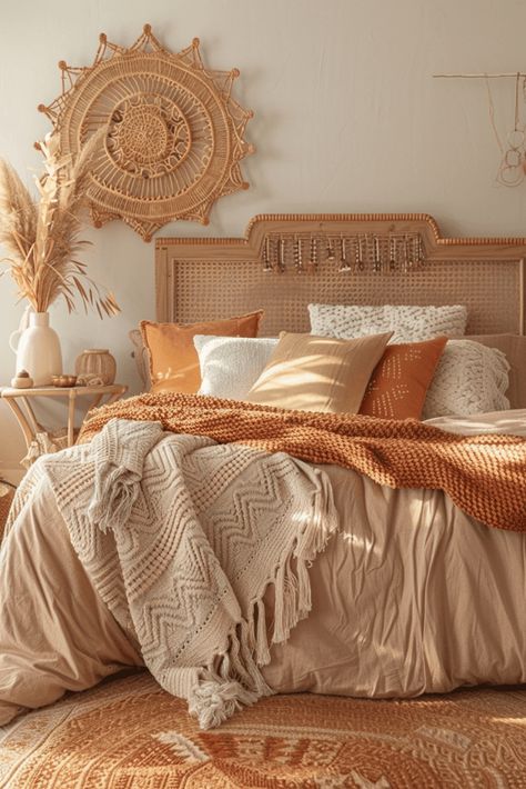 29 Boho Bedroom For Couples 19 Couple's Bedroom, Bedrooms For Couples, Bedroom Ideas For Couples, Bedroom Decor Lights, Decor Ideas Bedroom, Makeover Bedroom, Bedroom Orange, Bedroom Accent, Bedroom Decor Cozy